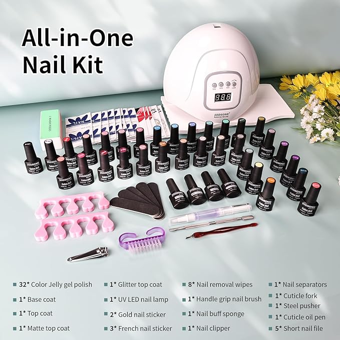 JODSONE 32 Colors Jelly Gel Nail Polish Kit with U V Light Crystal Transparent Classic Color 4 Functional Gel for All Seasons
