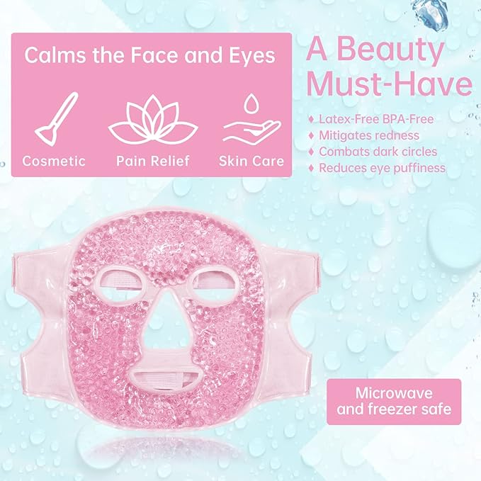 Ice Face Mask Reusable and Cold Gel Eye Mask for Puffiness/Dark Circles/Eye Bags/Dry Eyes/Headaches/Migraines/Stress Relief,Ice Pack for Eyes & Face (Pink)