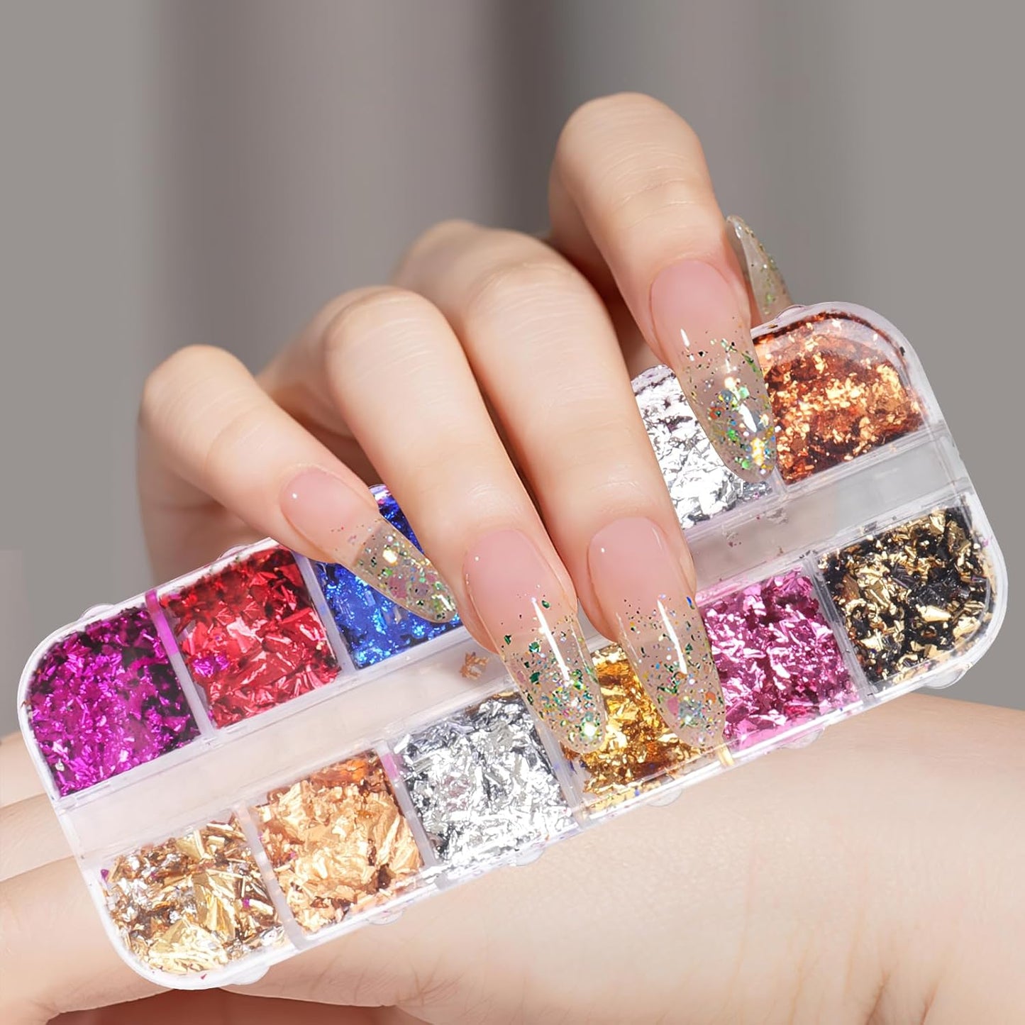 12 Grids Nail Art Foil Flake Glitter 3D Glitter Decoration Acrylic Nail Art Supplies Sequin Flakes Glitters Sticker Decoration Kit for Women Manicure Face Body DIY Decoration