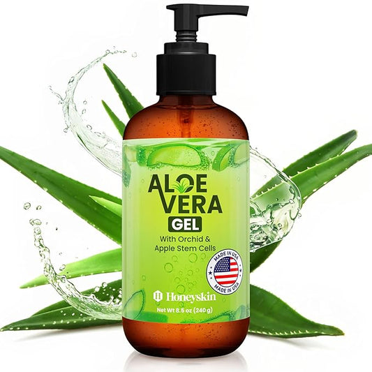 Honeyskin Soothing Aloe Vera Gel Made in the USA with Natural Ingredients - Give Yourself Relief From Sunburn and Dry Skin During the Hot Summer Days (8 Fl Oz)
