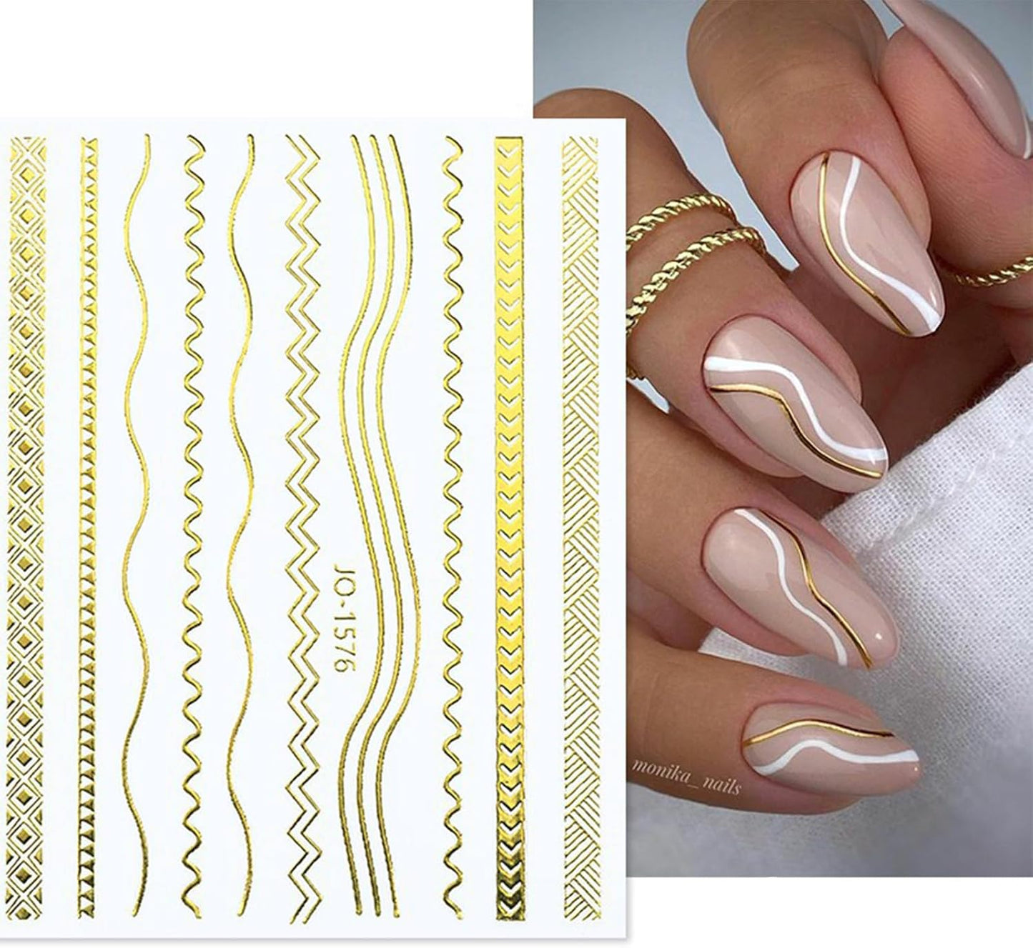 12 Sheets Gold Nail Stickers, 3D Self-Adhesive Metal Geometric Stripe Wave Nail Sticker, Gold Nail Art Designs, Style-c
