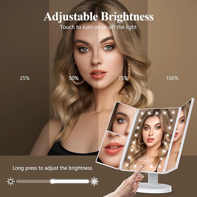 HUONUL Makeup Mirror Vanity Mirror with Lights, 2X, 3X, 10X Magnification, Touch Control, Trifold, White, 9.4" L x 13.4" W, Modern Style, Dresser Mount, Bathroom