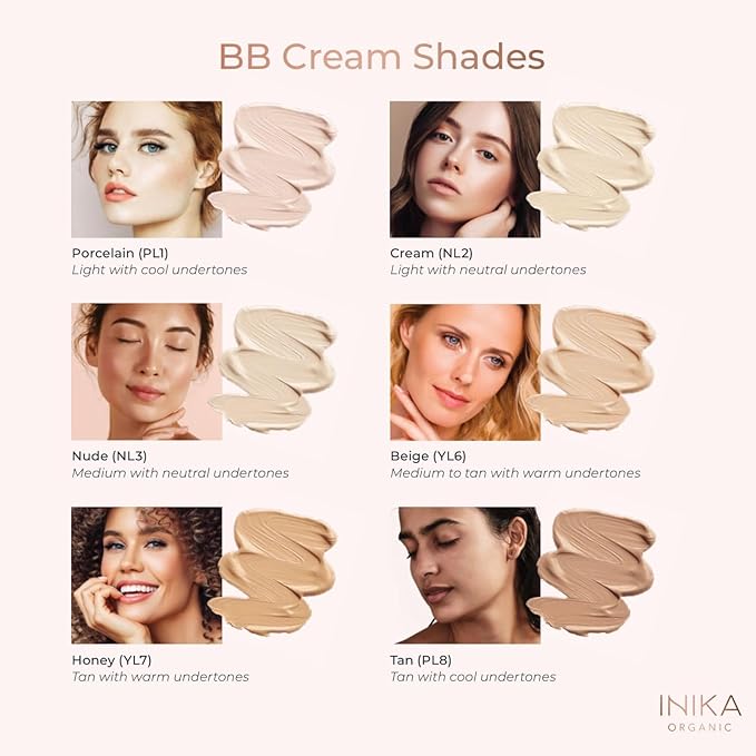 INIKA Organic BB Cream Foundation - Vegan Makeup with Hydrating Prickly Pear, Jojoba, and Pomegranate Seed Oil - Lightweight, Radiant BB Glow for Balanced Skin Tone, Cream 1 fl oz