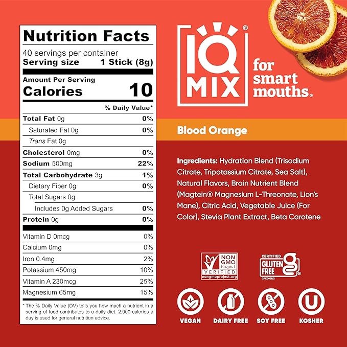IQMIX Hydration Electrolyte Powder – 4-in-1 Formula for Hydration, Mental Clarity, Mood and Recovery – Sugar-Free Drink Mix, Keto, Magnesium L-Threonate, Lion’s Mane – 40 Count Blood Orange
