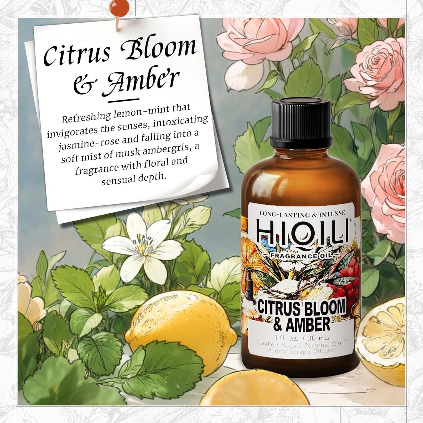 HIQILI Citrus Bloom & Amber Fragrance Oil for Candle, Soap Making, Floral Scent, Essential Oil Diffuser Use, Hair Care - 1 Fl Oz