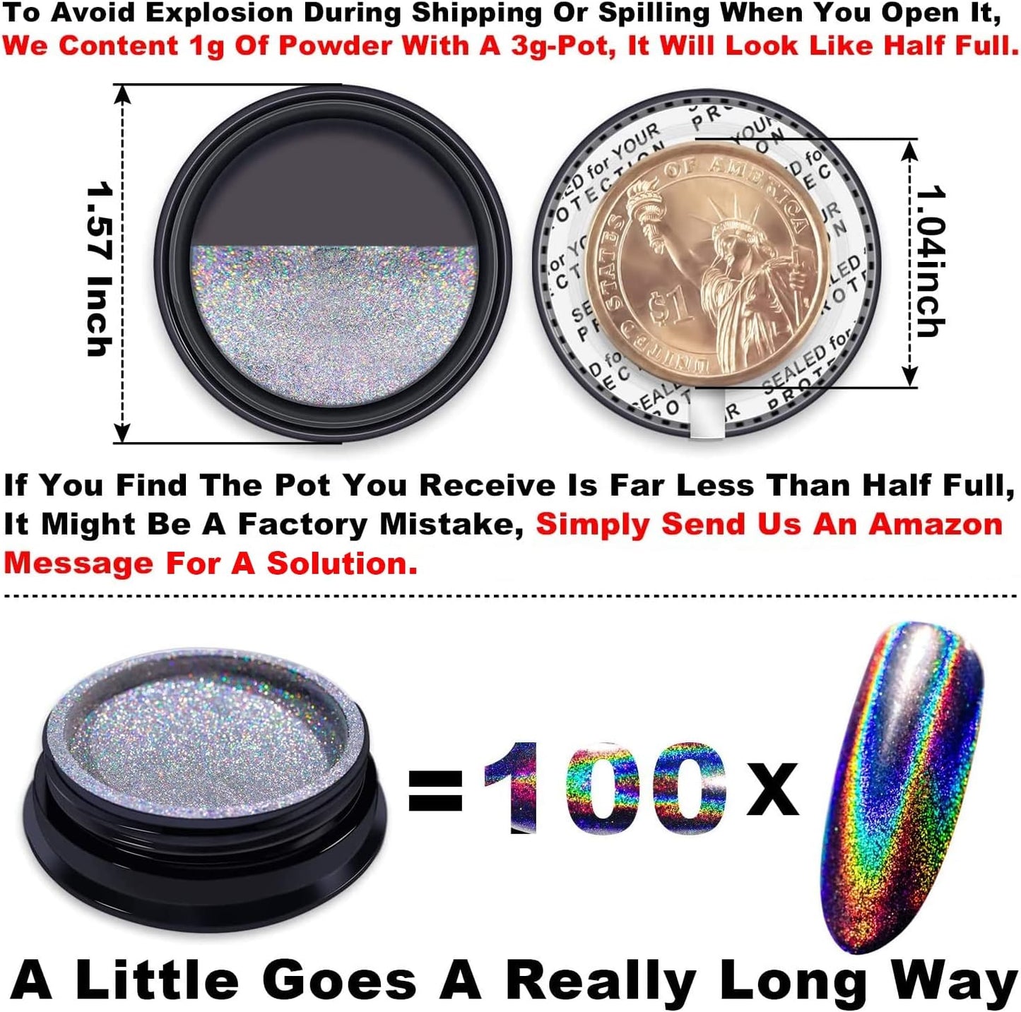 Holographic Nail Powder Fine Rainbow Holo Unicorn Mirror Laser Effect Multi Chrome Manicure Pigment Glitter Dust for Salon Home Nail Art DIY Deco, 0.04oz/1g, Sponge Tool/3pcs