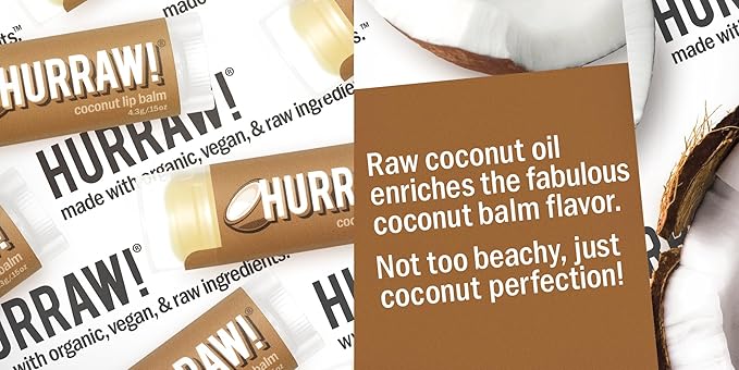 Hurraw! Coconut Lip Balm: Organic, Certified Vegan, Cruelty and Gluten Free. Non-GMO, 100% Natural Ingredients. Bee, Shea, Soy and Palm Free. Made in USA