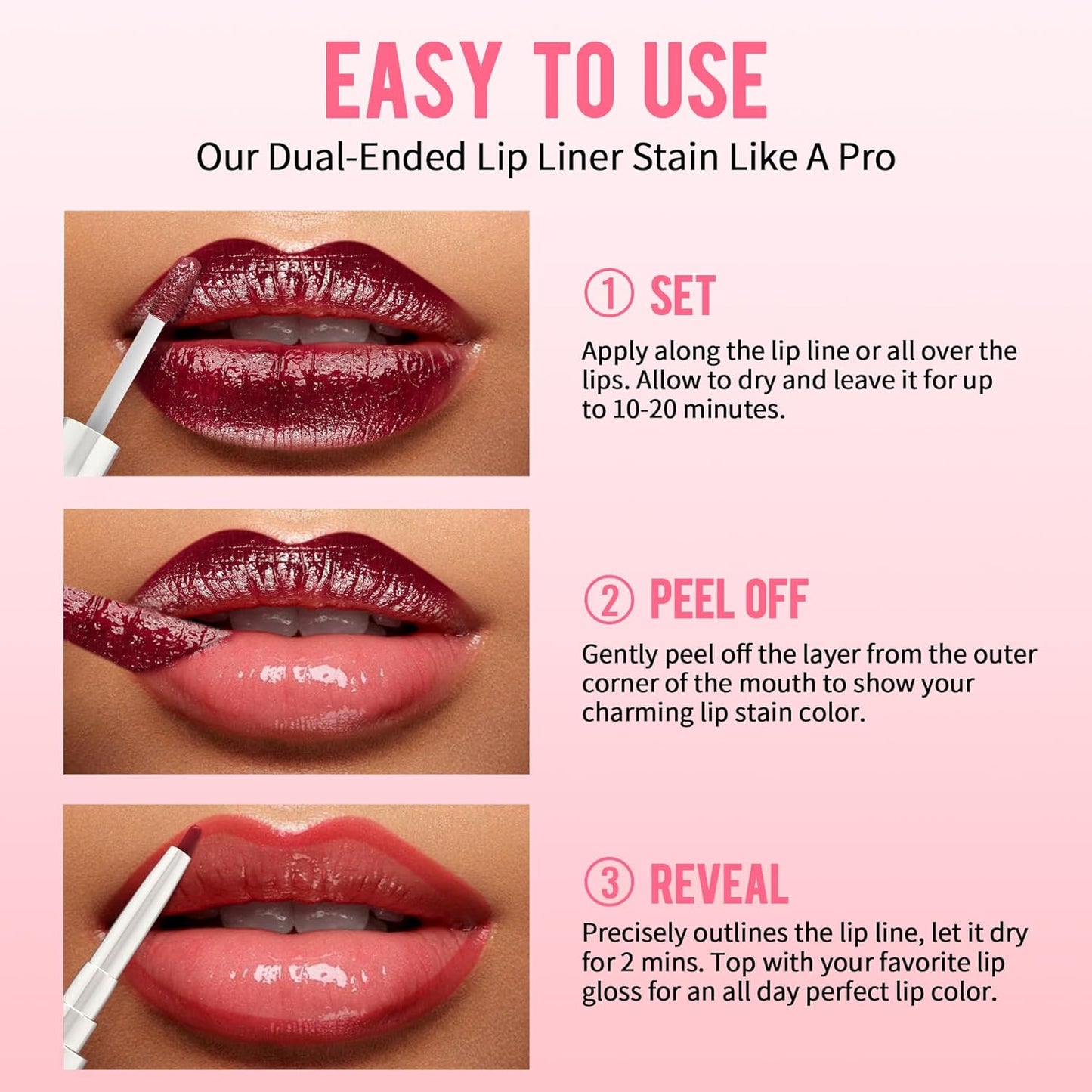 iMethod Lip Liner Stain - Lip Stain, 2-In-1 Dual-Ended Peel Off Lip Stain with Tweezer, Natural Long Lasting Peel Off Lip Liner, Easy to Use for All Skin Types, Stay All Day, Rose