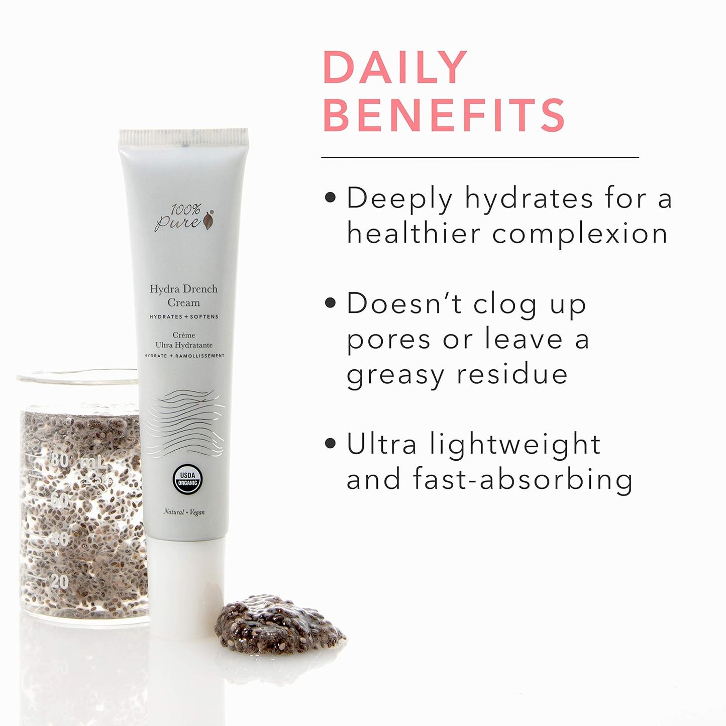 100% PURE Hydra Drench Cream, Daily Face Moisturizer with Hyaluronic Acid, Rose Water, Skin Care for All Skin Types, Natural Face Cream - 1.4 Fl Oz