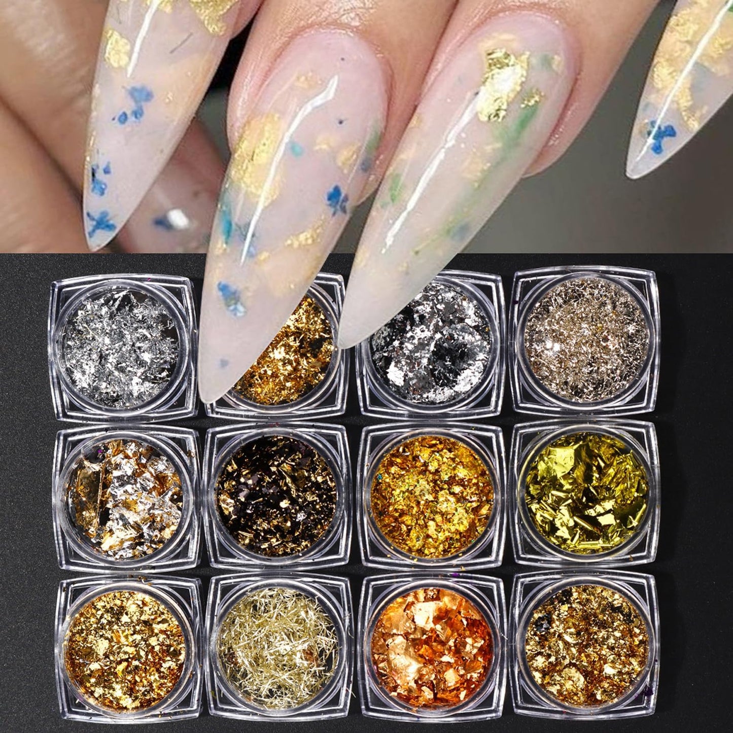 12 Boxes Aluminum Nail Flakes Foils Set - Gold Silver Irregular Paillette Nail Art Sequins 3D Shinny Ultra-Thin Aluminum Foil Nail Art Flakes Glitter Sticker for Manicure Decor DIY Crafts Accessory