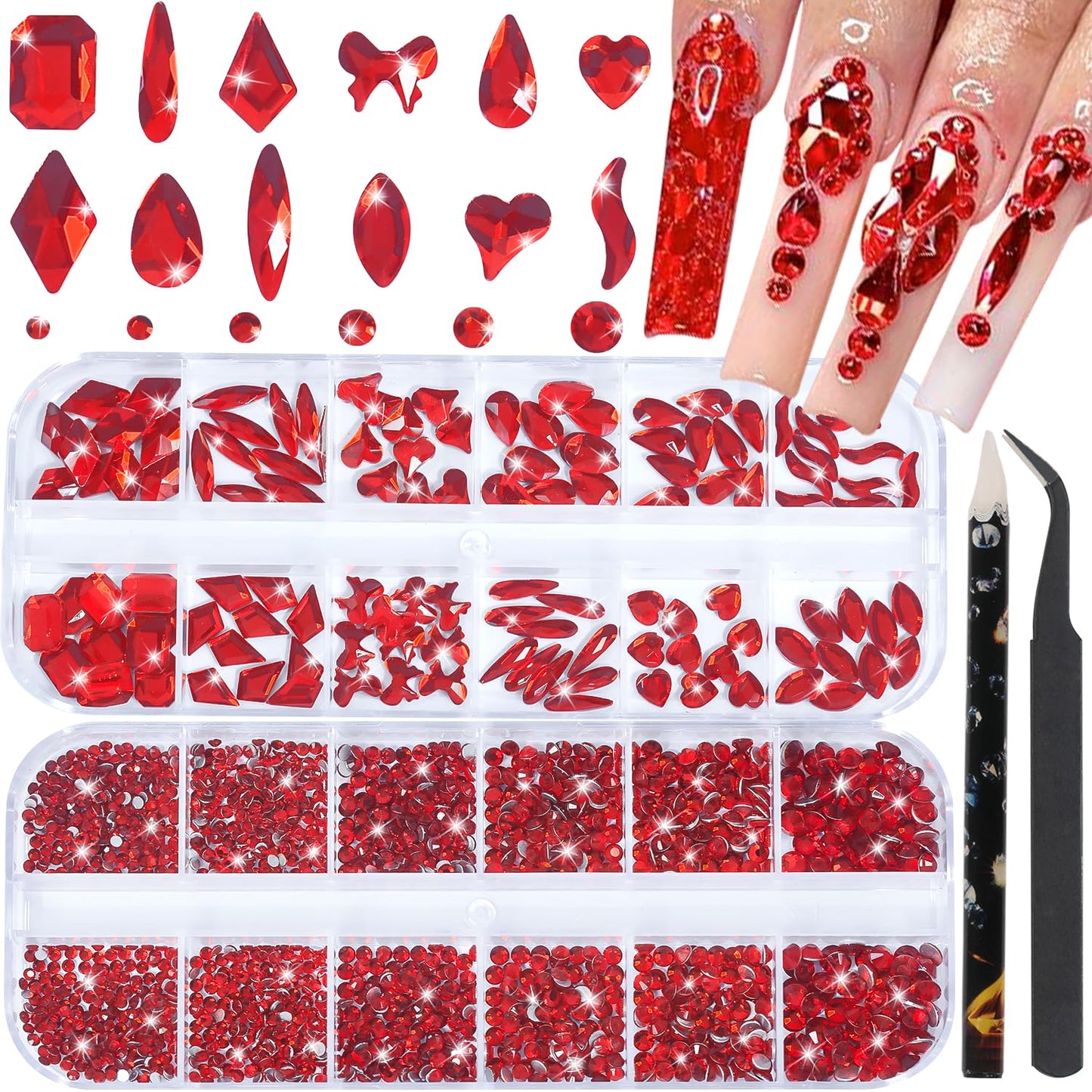 HNUIX Nail Rhinestones - 3D Multi Shape Size, Red Nail Gems, Flat Back, with Kit, for Nail Art, DIY Decorations