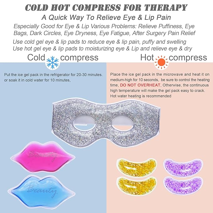 Ice Under Eye Patches Eye Mask Lip Care Gel Pads Treatment Mask Lip Mask, Cooling Eye Lip Gel Masks Cold Hot Therapy for Wrinkles Firming Swelling Cosmetic Bruising Reusable 7 Pack