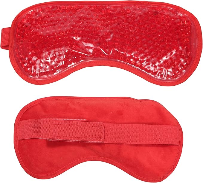 HOT +Cold Aqua Pearls Plush Eye Mask with Soft Plush Backing and Fully Adjustable Strap, Bonus Mini Round pad-2PACKS(Red, Eye Mask+ Mini Round Pad)