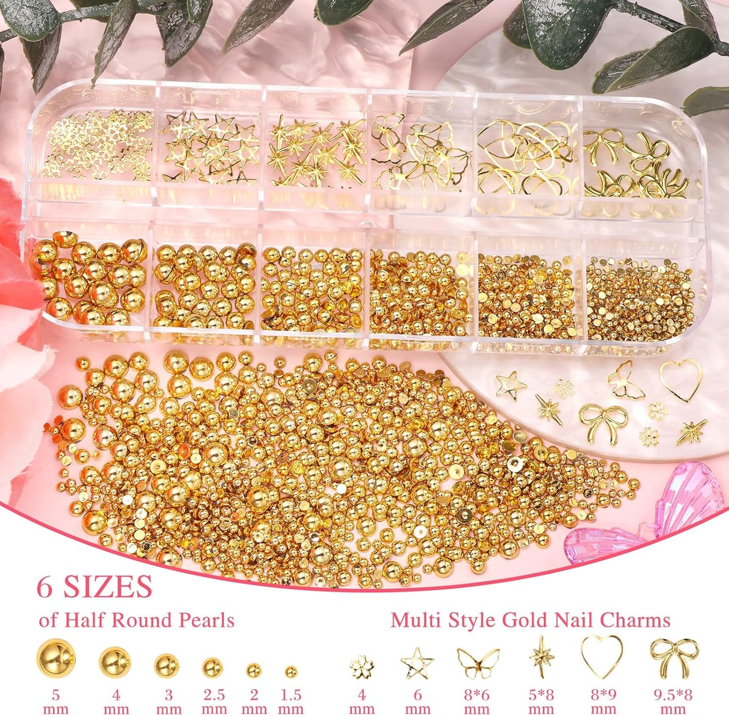 2 Boxes Alloy Gold Nail Charms, 3D Butterfly Star Cherry Nails Gems Charms, Mixed Shapes Golden Bows Heart Star Nail Studs Gold Flatback Pearls Beads for Nails Art Design DIY Accessories