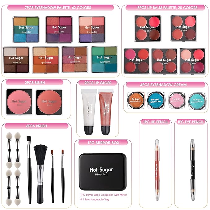 Hot Sugar Makeup Kit for Teenager Girls - Full Starter Cosmetics Set with Eye Shadow Lip Balm Blush Lip Gloss Brush Lip Pencil Eye Pencil and Mirror (Purple Love)