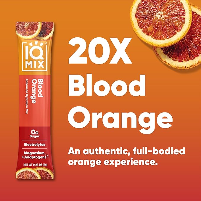 IQMIX Hydration Electrolyte Powder – 4-in-1 Formula for Hydration, Mental Clarity, Mood and Recovery – Sugar-Free Drink Mix, Keto, Magnesium L-Threonate, Lion’s Mane – 20 Count Blood Orange