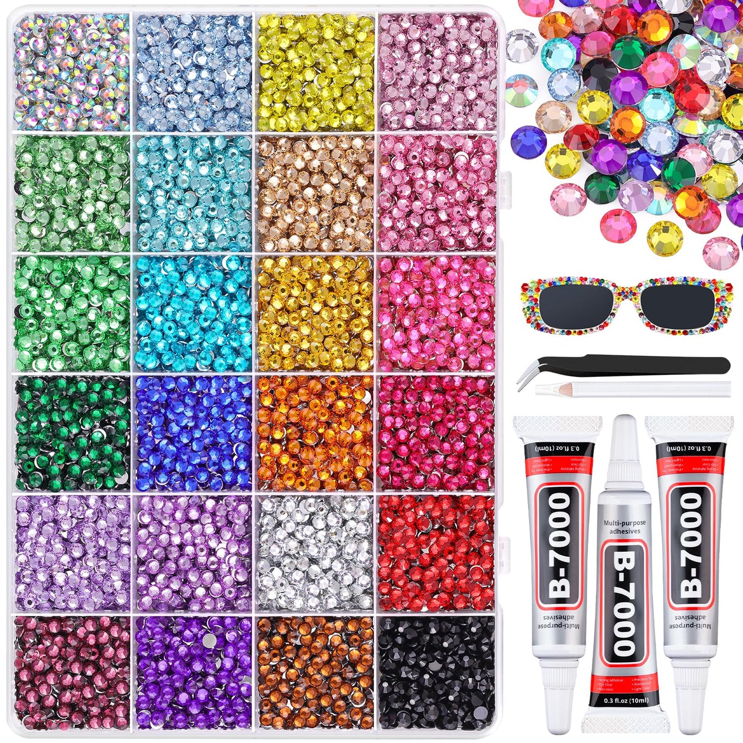 12600Pcs Resin Rhinestones for Bedazzling with 3Pcs B7000 Jewelry Glue, Multicolor 4mm Flatback Gems Rhinestones for Crafting, Clothing Tumblers Mugs Shoes Fabric Decor Nail Art