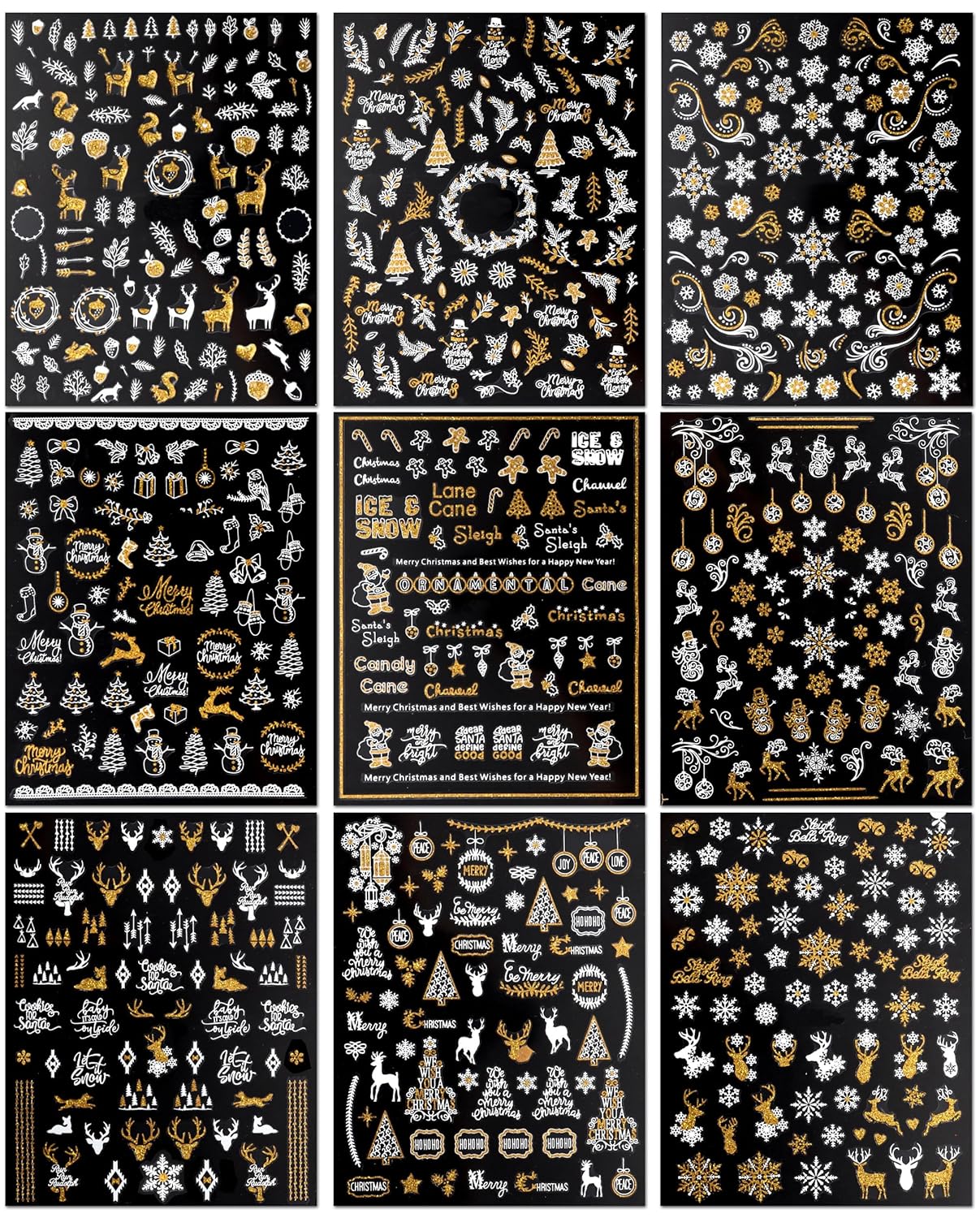 JMEOWIO 9 Sheets Christmas Nail Art Stickers Decals Self-Adhesive Pegatinas Uñas Bling Snowflake Snowman Holiday White Gold Nail Supplies Nail Art Design Decoration Accessories