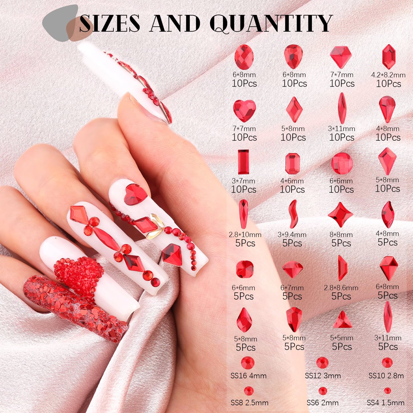 1680Pcs Red Glass Nail Rhinestones 180Pcs Multi Shapes Flatback Nail Gems + 1500Pcs 1.5-4mm Round Crystal with Rhinestones Glue Gel, Manicure Nail Charms Diamond Gemstones for Nail Art
